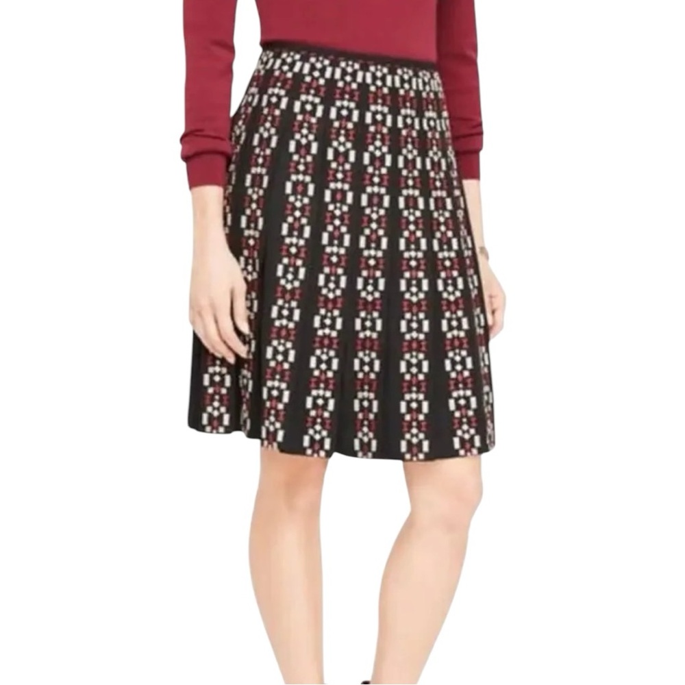 Ann Taylor Petite Black Red Geometric Pleated Embroidered Skirt Knee Length 00P